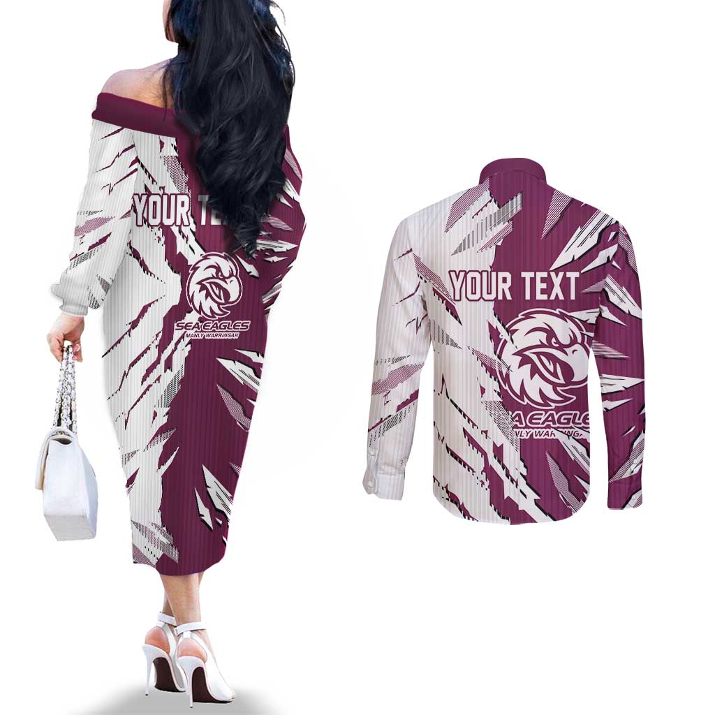 Personalized Manly Warringah Sea Eagles Couples Matching Off The Shoulder Long Sleeve Dress and Long Sleeve Button Shirt Dynamic Lightning Mascot Rugby Australia