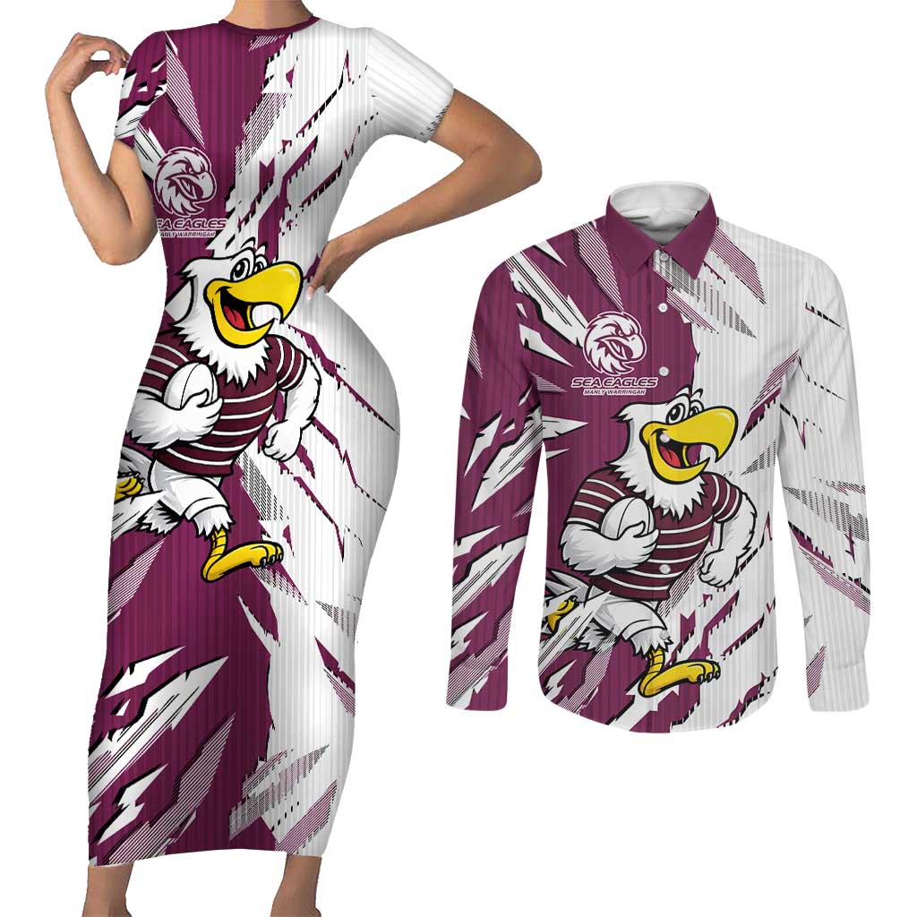 Personalized Manly Warringah Sea Eagles Couples Matching Short Sleeve Bodycon Dress and Long Sleeve Button Shirt Dynamic Lightning Mascot Rugby Australia