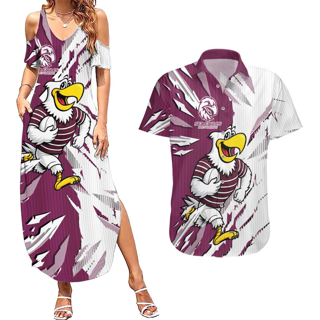 Personalized Manly Warringah Sea Eagles Couples Matching Summer Maxi Dress and Hawaiian Shirt Dynamic Lightning Mascot Rugby Australia
