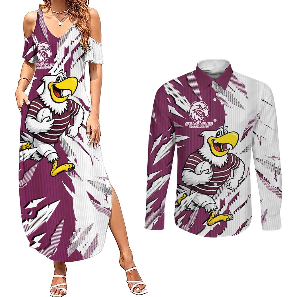 Personalized Manly Warringah Sea Eagles Couples Matching Summer Maxi Dress and Long Sleeve Button Shirt Dynamic Lightning Mascot Rugby Australia