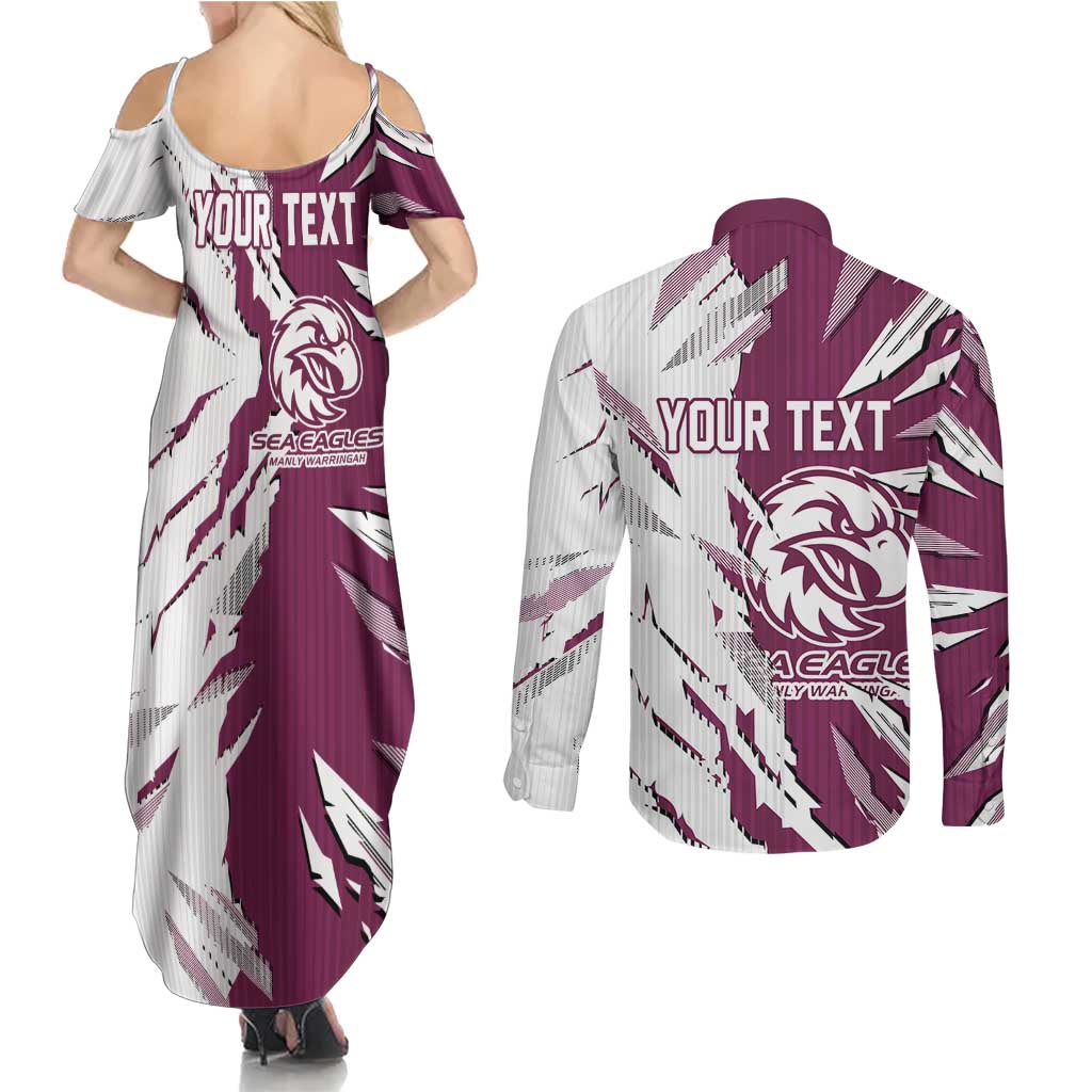Personalized Manly Warringah Sea Eagles Couples Matching Summer Maxi Dress and Long Sleeve Button Shirt Dynamic Lightning Mascot Rugby Australia
