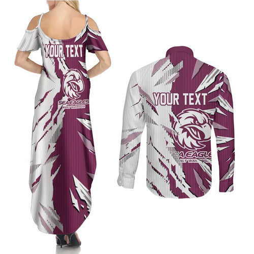 Personalized Manly Warringah Sea Eagles Couples Matching Summer Maxi Dress and Long Sleeve Button Shirt Dynamic Lightning Mascot Rugby Australia
