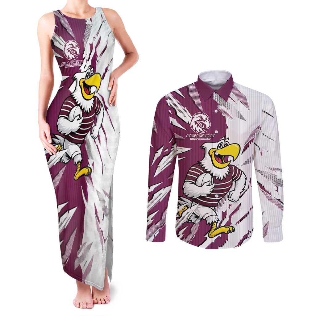 Personalized Manly Warringah Sea Eagles Couples Matching Tank Maxi Dress and Long Sleeve Button Shirt Dynamic Lightning Mascot Rugby Australia