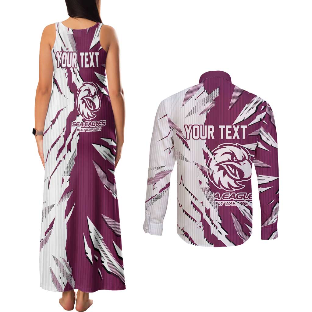 Personalized Manly Warringah Sea Eagles Couples Matching Tank Maxi Dress and Long Sleeve Button Shirt Dynamic Lightning Mascot Rugby Australia