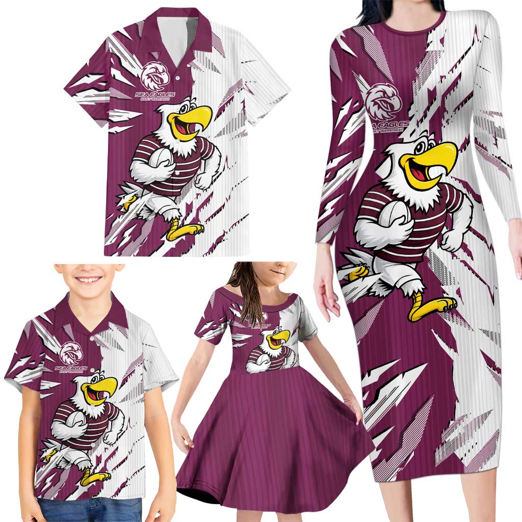 Personalized Manly Warringah Sea Eagles Family Matching Long Sleeve Bodycon Dress and Hawaiian Shirt Dynamic Lightning Mascot Rugby Australia