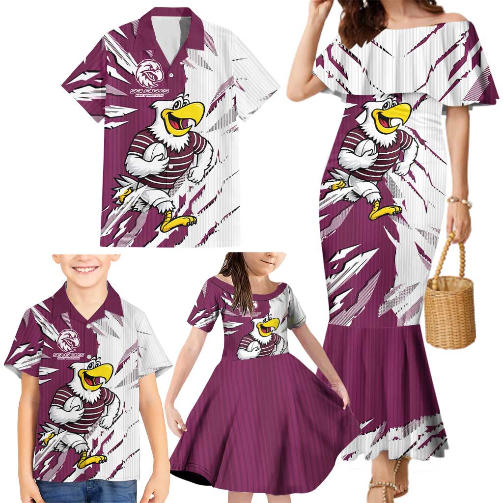 Personalized Manly Warringah Sea Eagles Family Matching Mermaid Dress and Hawaiian Shirt Dynamic Lightning Mascot Rugby Australia