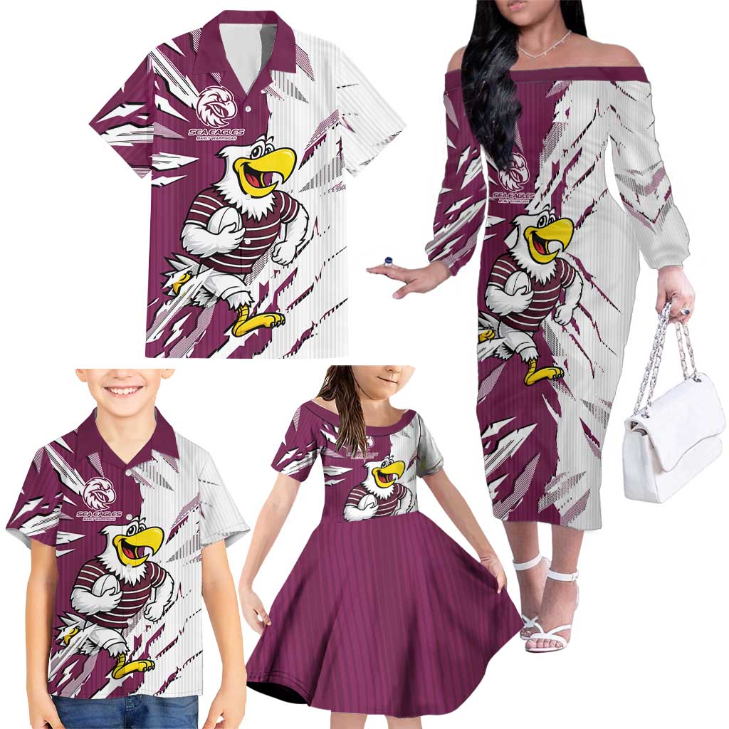 Personalized Manly Warringah Sea Eagles Family Matching Off The Shoulder Long Sleeve Dress and Hawaiian Shirt Dynamic Lightning Mascot Rugby Australia