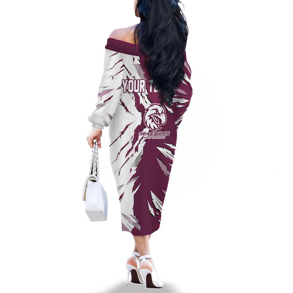 Personalized Manly Warringah Sea Eagles Family Matching Off The Shoulder Long Sleeve Dress and Hawaiian Shirt Dynamic Lightning Mascot Rugby Australia