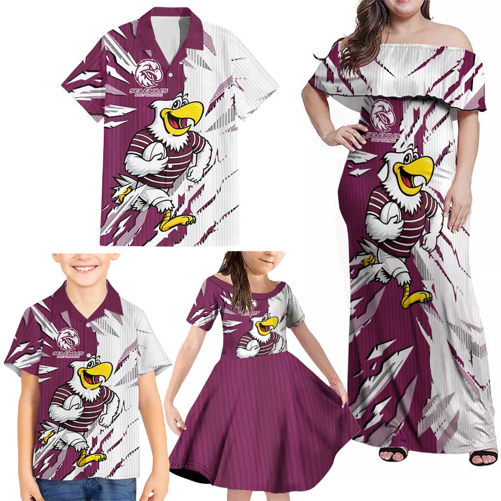 Personalized Manly Warringah Sea Eagles Family Matching Off Shoulder Maxi Dress and Hawaiian Shirt Dynamic Lightning Mascot Rugby Australia
