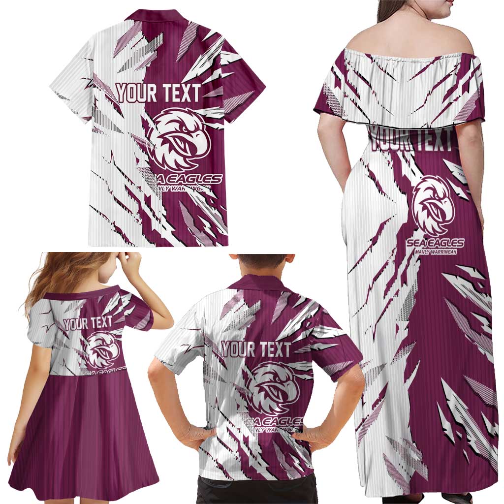 Personalized Manly Warringah Sea Eagles Family Matching Off Shoulder Maxi Dress and Hawaiian Shirt Dynamic Lightning Mascot Rugby Australia