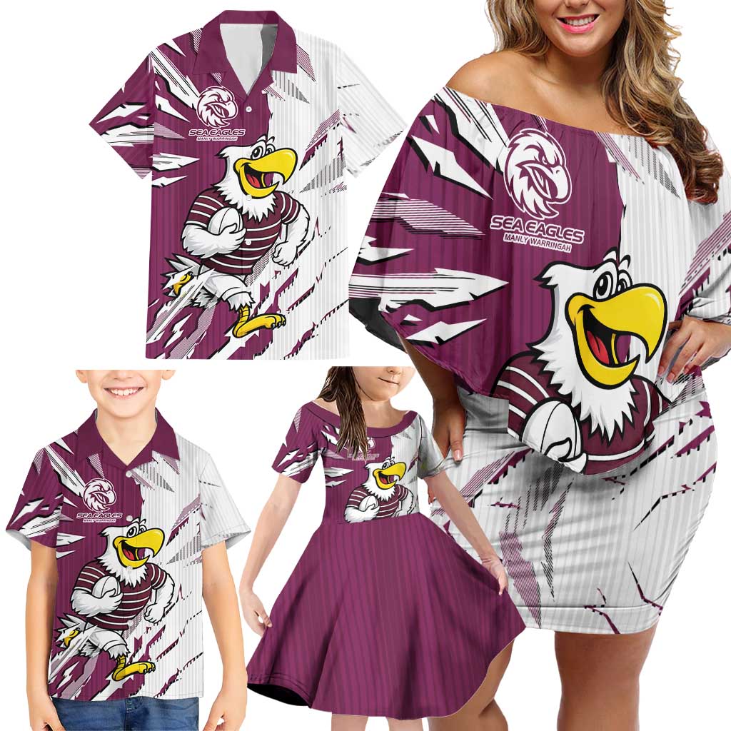 Personalized Manly Warringah Sea Eagles Family Matching Off Shoulder Short Dress and Hawaiian Shirt Dynamic Lightning Mascot Rugby Australia