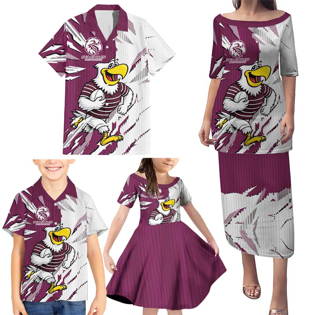 Personalized Manly Warringah Sea Eagles Family Matching Puletasi and Hawaiian Shirt Dynamic Lightning Mascot Rugby Australia