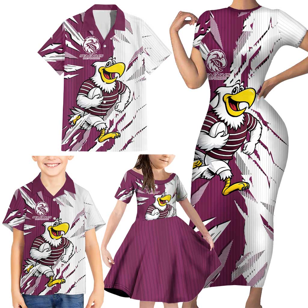Personalized Manly Warringah Sea Eagles Family Matching Short Sleeve Bodycon Dress and Hawaiian Shirt Dynamic Lightning Mascot Rugby Australia