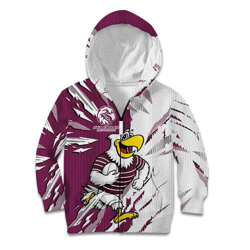 Personalized Manly Warringah Sea Eagles Kid Hoodie Dynamic Lightning Mascot Rugby Australia