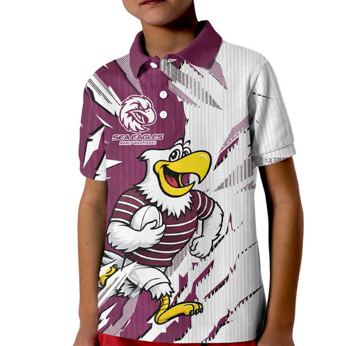 Personalized Manly Warringah Sea Eagles Kid Polo Shirt Dynamic Lightning Mascot Rugby Australia