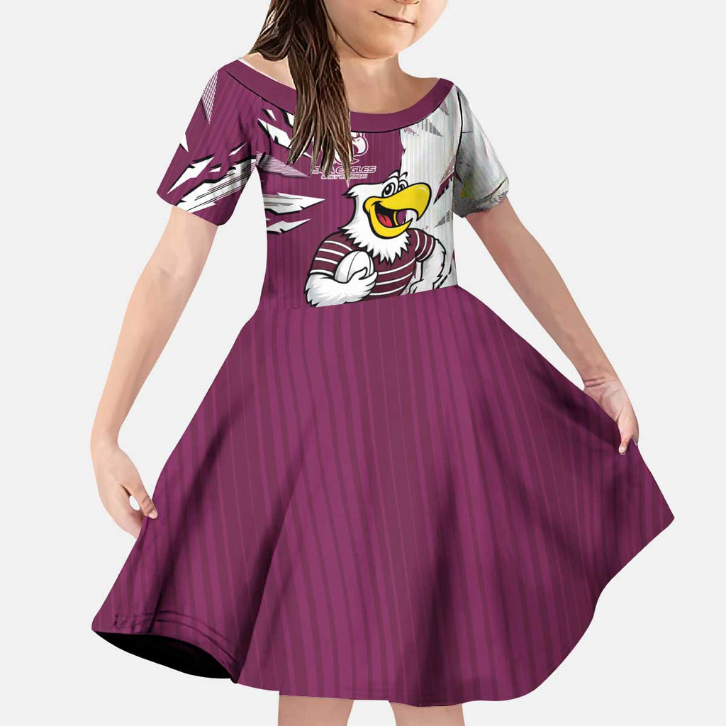 Personalized Manly Warringah Sea Eagles Kid Short Sleeve Dress Dynamic Lightning Mascot Rugby Australia