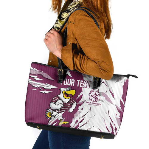 Personalized Manly Warringah Sea Eagles Leather Tote Bag Dynamic Lightning Mascot Rugby Australia