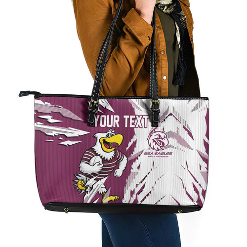 Personalized Manly Warringah Sea Eagles Leather Tote Bag Dynamic Lightning Mascot Rugby Australia
