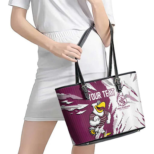 Personalized Manly Warringah Sea Eagles Leather Tote Bag Dynamic Lightning Mascot Rugby Australia