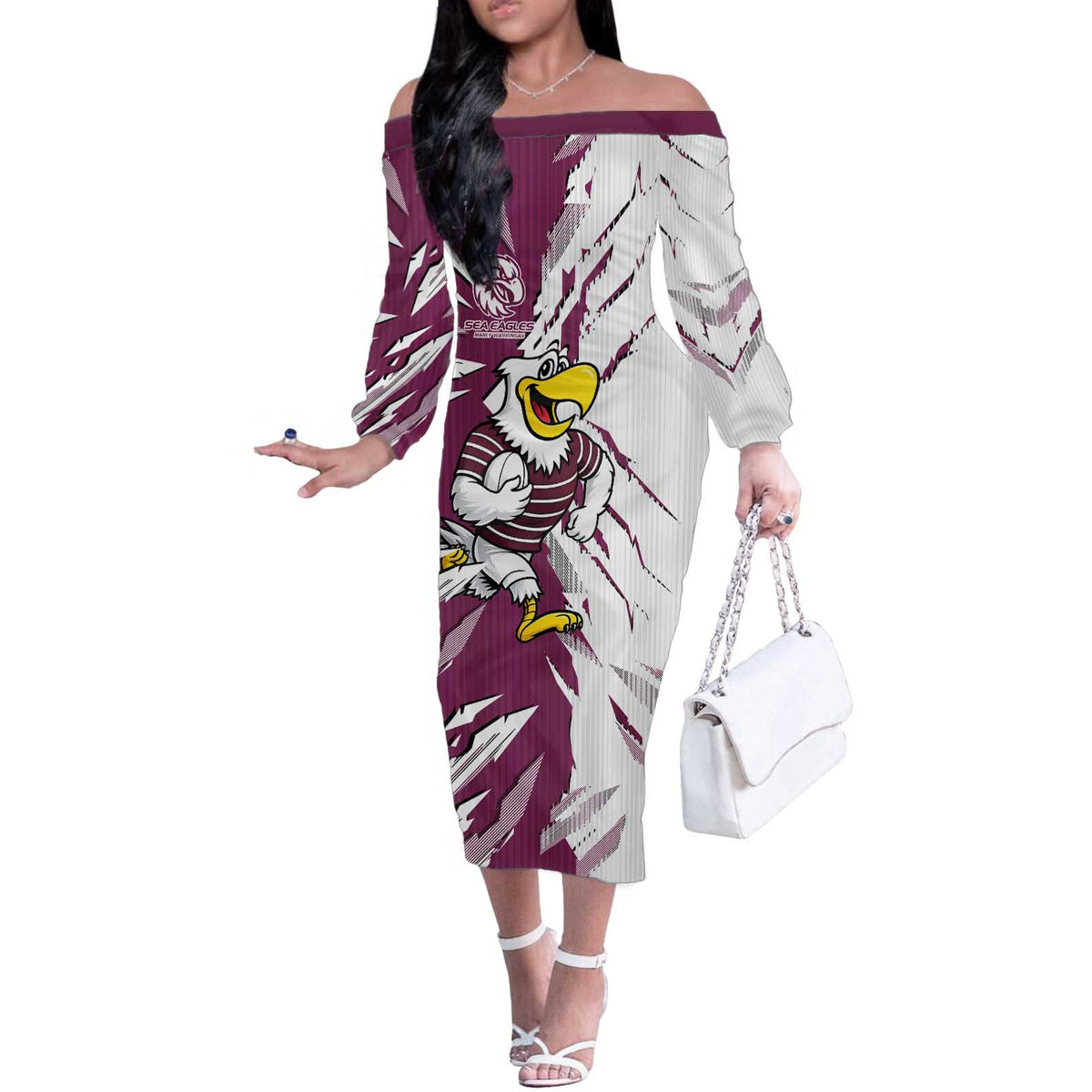 Personalized Manly Warringah Sea Eagles Off The Shoulder Long Sleeve Dress Dynamic Lightning Mascot Rugby Australia