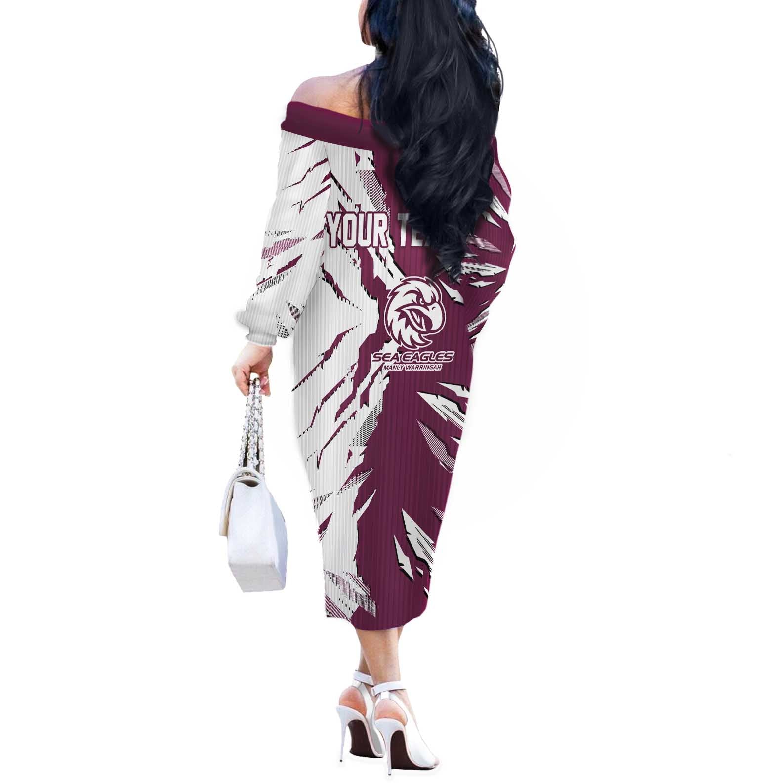 Personalized Manly Warringah Sea Eagles Off The Shoulder Long Sleeve Dress Dynamic Lightning Mascot Rugby Australia