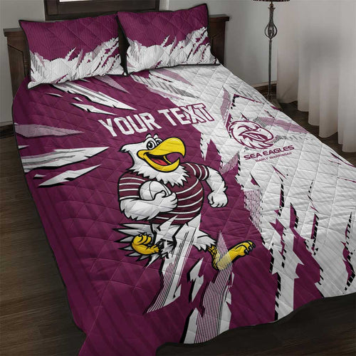 Personalized Manly Warringah Sea Eagles Quilt Bed Set Dynamic Lightning Mascot Rugby Australia