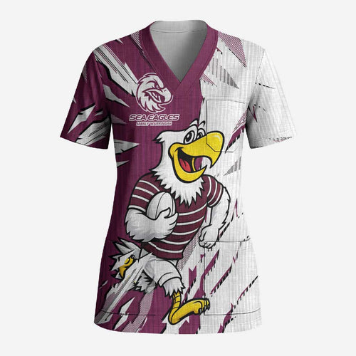 Personalized Manly Warringah Sea Eagles Scrub Top Dynamic Lightning Mascot Rugby Australia