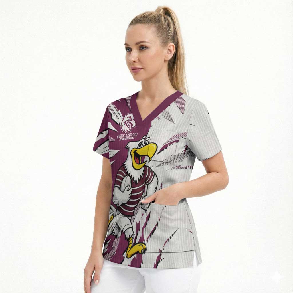 Personalized Manly Warringah Sea Eagles Scrub Top Dynamic Lightning Mascot Rugby Australia