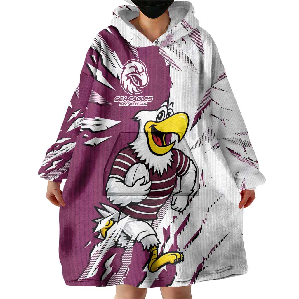 Personalized Manly Warringah Sea Eagles Wearable Blanket Hoodie Dynamic Lightning Mascot Rugby Australia