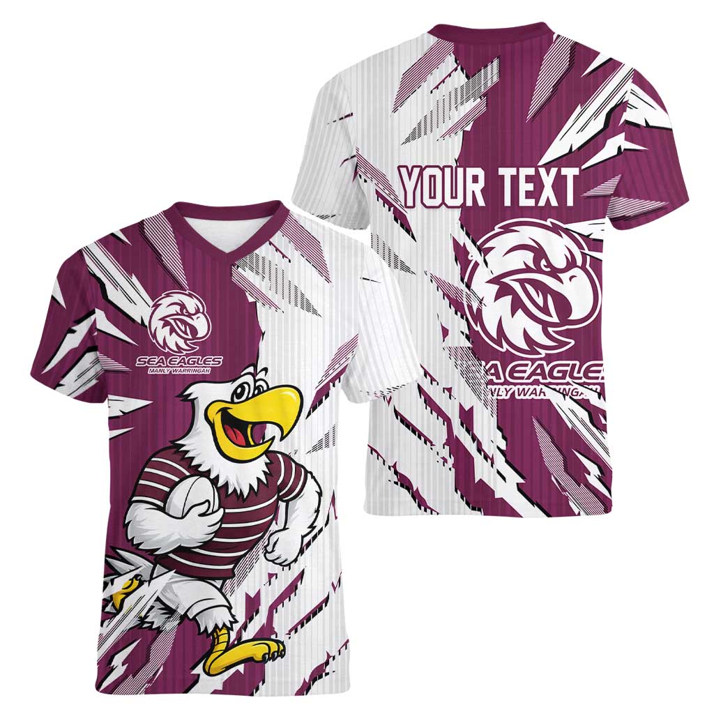 Personalized Manly Warringah Sea Eagles Women V-Neck T-Shirt Dynamic Lightning Mascot Rugby Australia