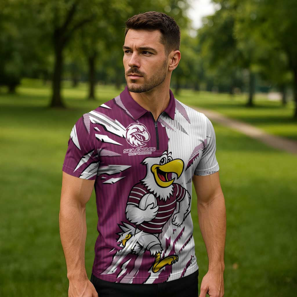 Personalized Manly Warringah Sea Eagles Zipper Polo Shirt Dynamic Lightning Mascot Rugby Australia