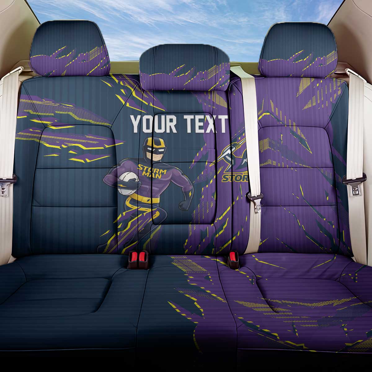 Personalized Melbourne Storm Back Car Seat Cover Dynamic Lightning Mascot Rugby Australia