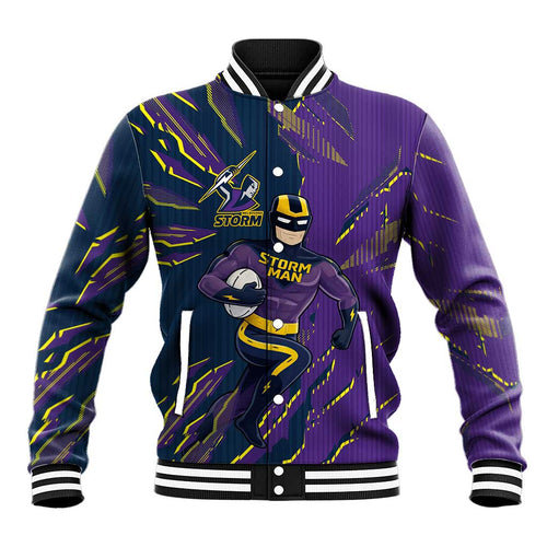 Personalized Melbourne Storm Baseball Jacket Dynamic Lightning Mascot Rugby Australia