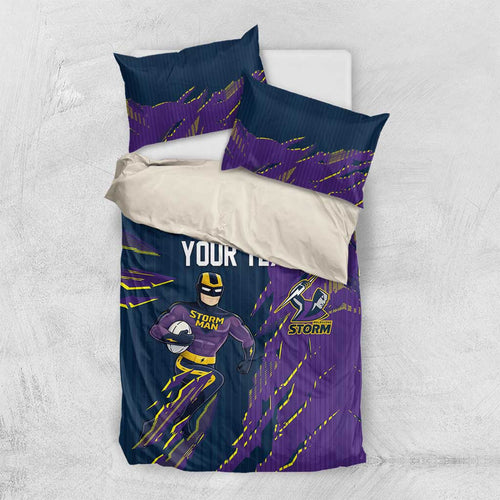 Personalized Melbourne Storm Bedding Set Dynamic Lightning Mascot Rugby Australia