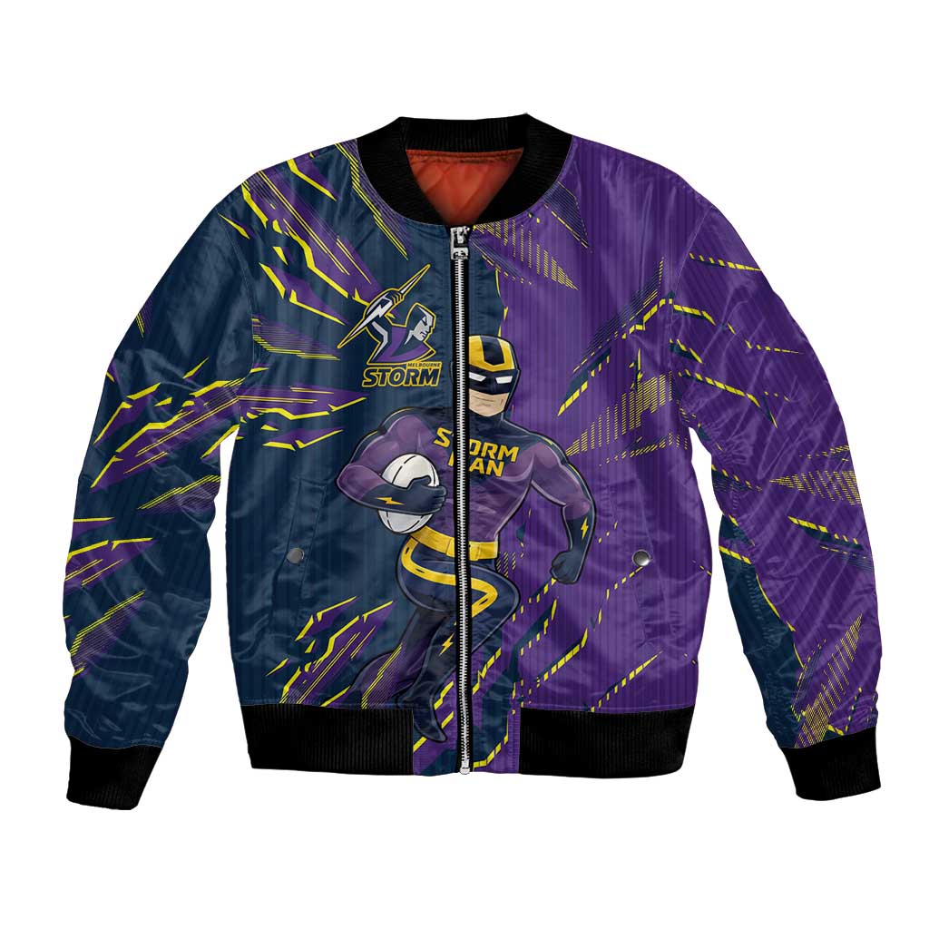 Personalized Melbourne Storm Bomber Jacket Dynamic Lightning Mascot Rugby Australia