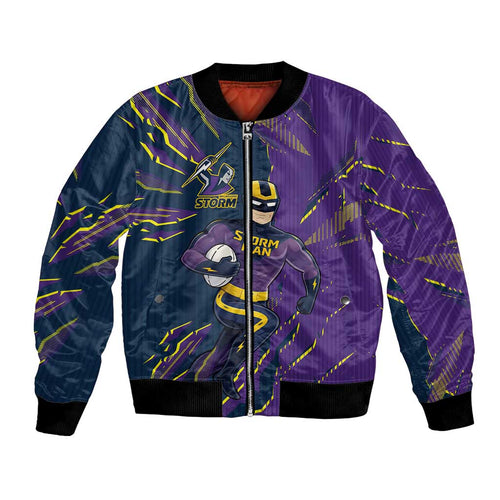 Personalized Melbourne Storm Bomber Jacket Dynamic Lightning Mascot Rugby Australia