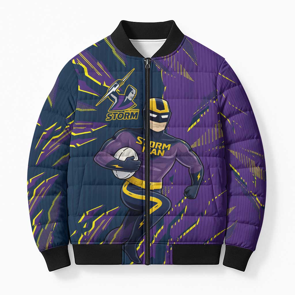 Personalized Melbourne Storm Bomber Puffer Jacket Dynamic Lightning Mascot Rugby Australia