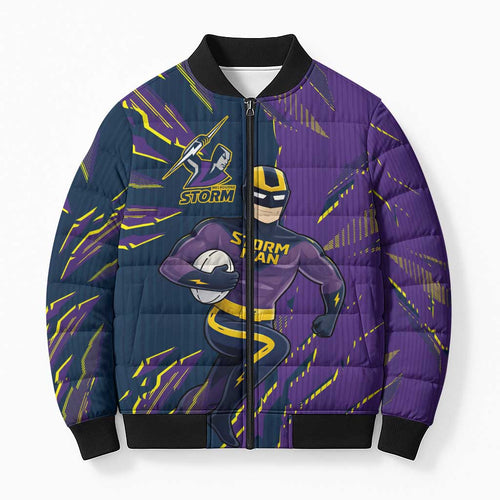 Personalized Melbourne Storm Bomber Puffer Jacket Dynamic Lightning Mascot Rugby Australia