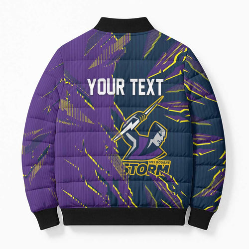 Personalized Melbourne Storm Bomber Puffer Jacket Dynamic Lightning Mascot Rugby Australia