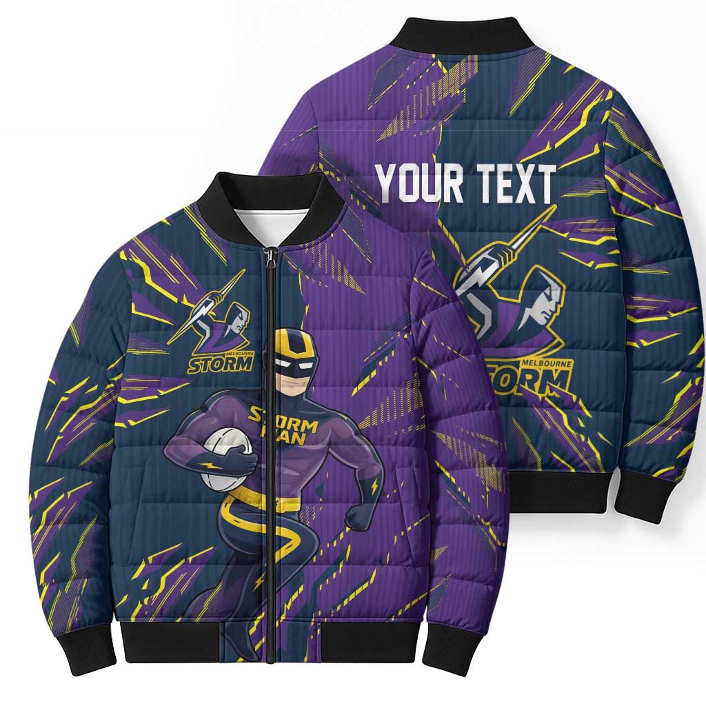 Personalized Melbourne Storm Bomber Puffer Jacket Dynamic Lightning Mascot Rugby Australia