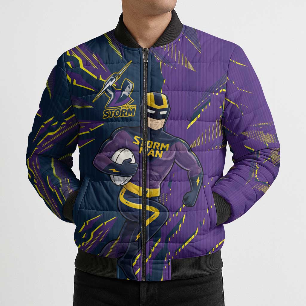 Personalized Melbourne Storm Bomber Puffer Jacket Dynamic Lightning Mascot Rugby Australia