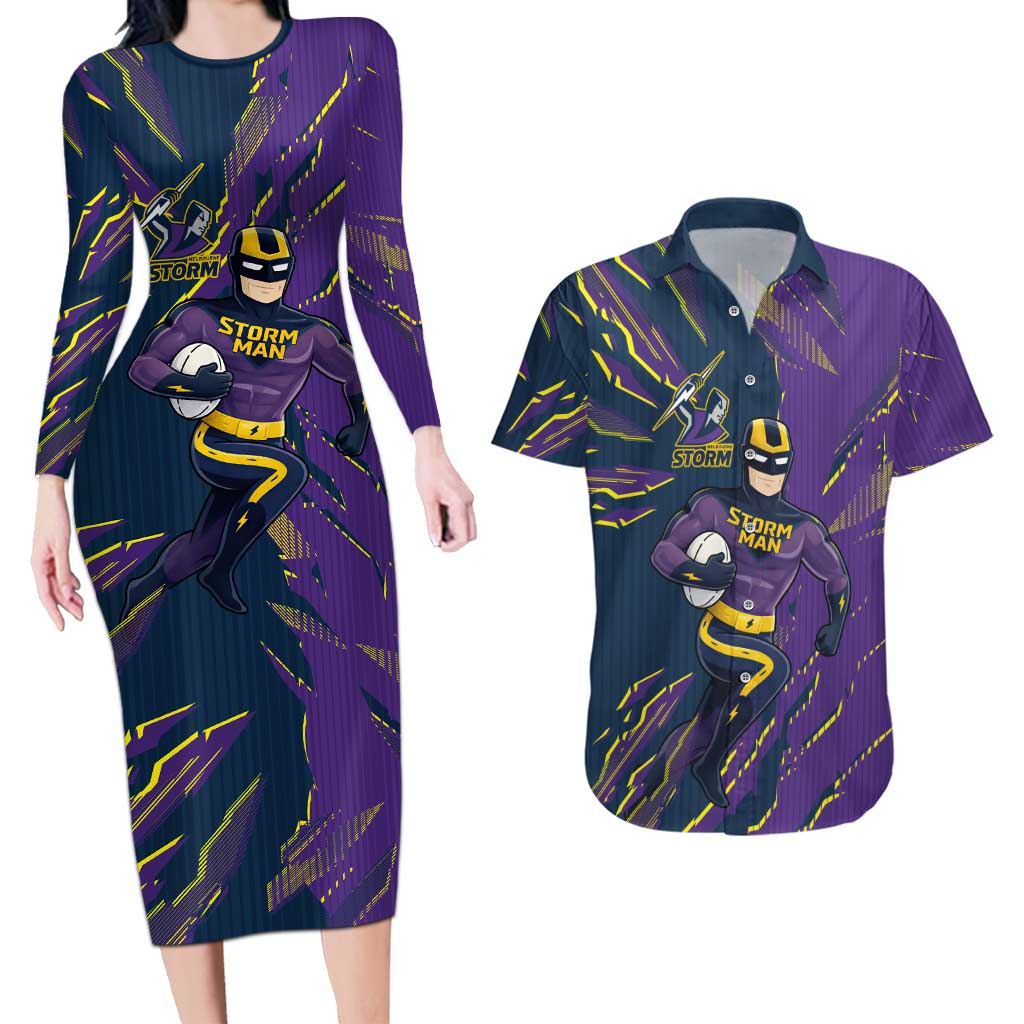 Personalized Melbourne Storm Couples Matching Long Sleeve Bodycon Dress and Hawaiian Shirt Dynamic Lightning Mascot Rugby Australia