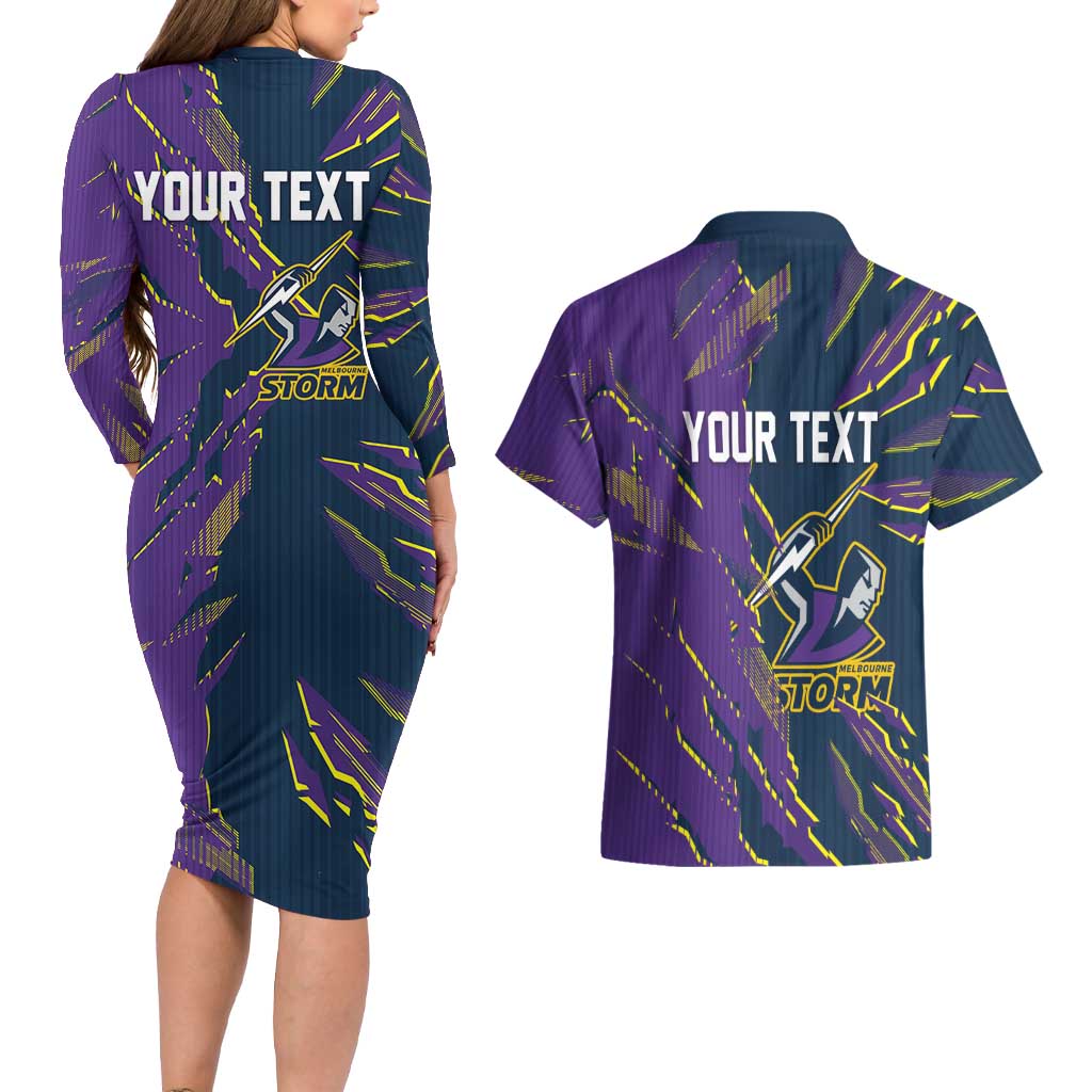 Personalized Melbourne Storm Couples Matching Long Sleeve Bodycon Dress and Hawaiian Shirt Dynamic Lightning Mascot Rugby Australia