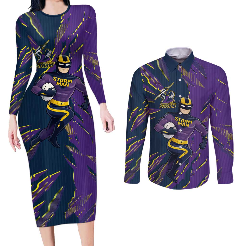 Personalized Melbourne Storm Couples Matching Long Sleeve Bodycon Dress and Long Sleeve Button Shirt Dynamic Lightning Mascot Rugby Australia