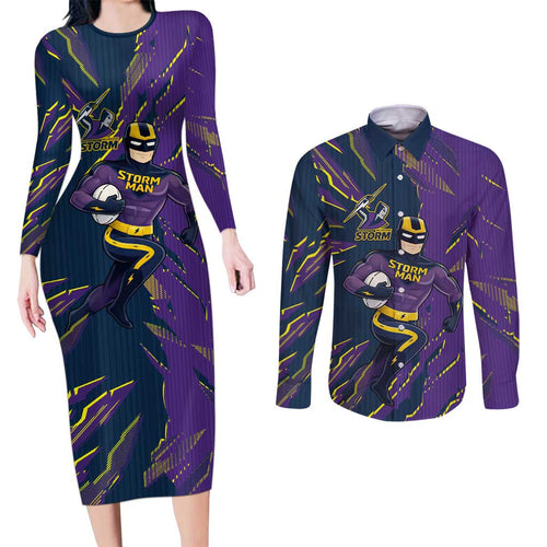 Personalized Melbourne Storm Couples Matching Long Sleeve Bodycon Dress and Long Sleeve Button Shirt Dynamic Lightning Mascot Rugby Australia