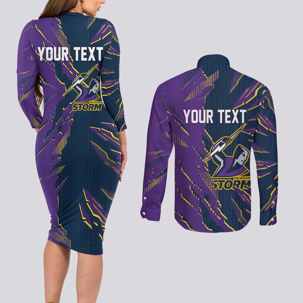 Personalized Melbourne Storm Couples Matching Long Sleeve Bodycon Dress and Long Sleeve Button Shirt Dynamic Lightning Mascot Rugby Australia