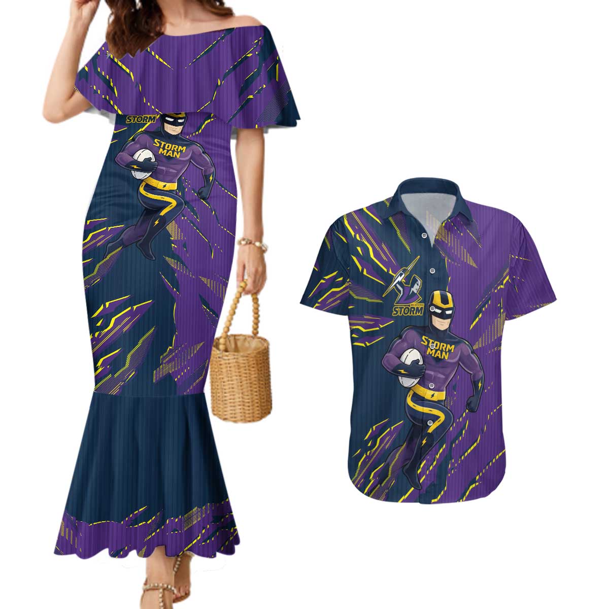 Personalized Melbourne Storm Couples Matching Mermaid Dress and Hawaiian Shirt Dynamic Lightning Mascot Rugby Australia