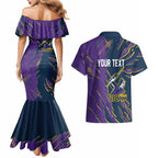 Personalized Melbourne Storm Couples Matching Mermaid Dress and Hawaiian Shirt Dynamic Lightning Mascot Rugby Australia