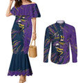 Personalized Melbourne Storm Couples Matching Mermaid Dress and Long Sleeve Button Shirt Dynamic Lightning Mascot Rugby Australia