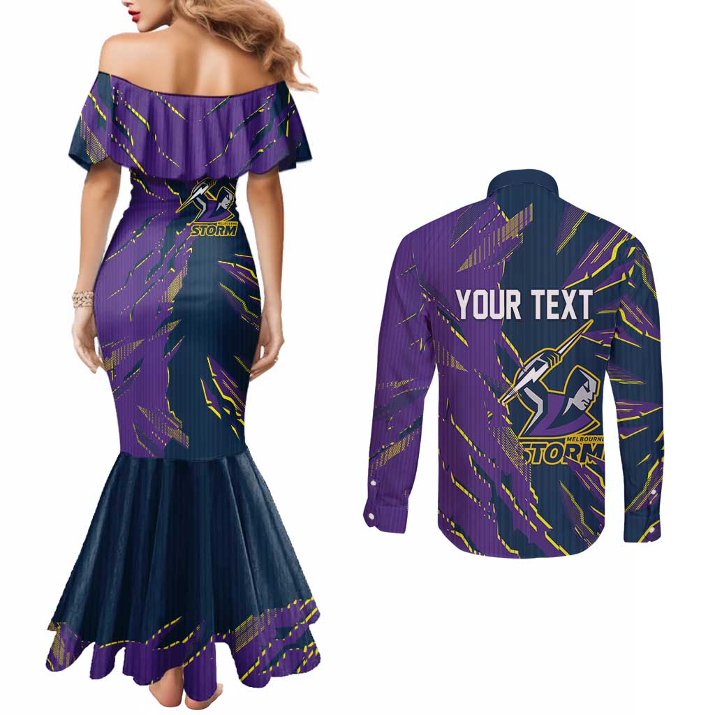Personalized Melbourne Storm Couples Matching Mermaid Dress and Long Sleeve Button Shirt Dynamic Lightning Mascot Rugby Australia